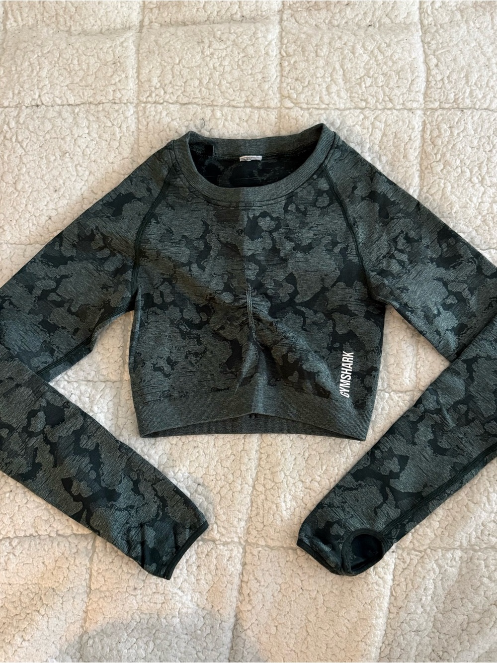 Gymshark Dark Green & Black Camouflage Cropped Long Sleeve Top